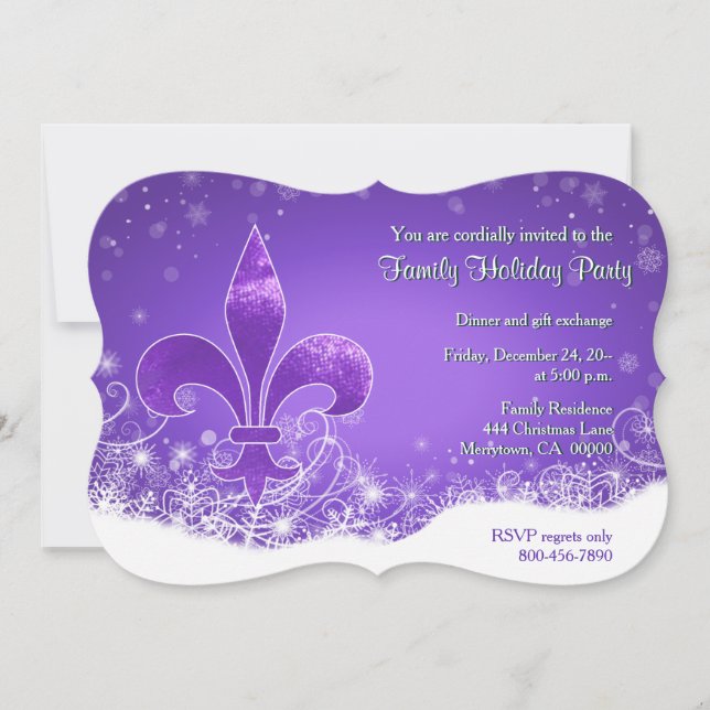 Convite de Férias Roxo Fleur e Floco de Neve (Frente)