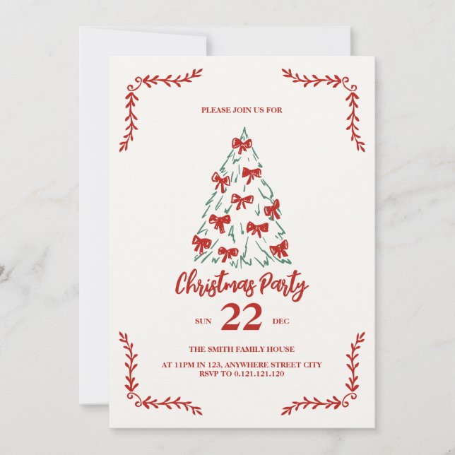convite de festa árvore de natal doodle clássico (Frente)