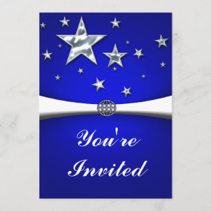 Convite de Festa Azul Escuro Estrelas Prateadas