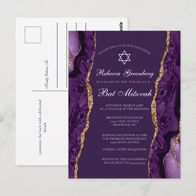 Convite de festa Bat Mitzvah Chic Purple Gold (Frente/Verso)