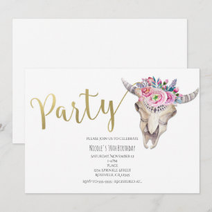 Convite de Festa Boho Caveira de Vaca Floral Doura