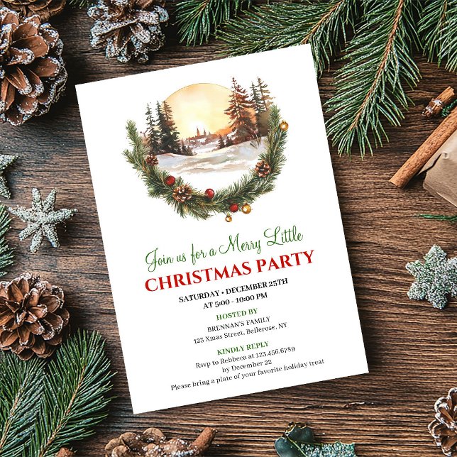 Convite de Festa Cena de Inverno Vermelho Verde Ca (Whimsical Red Green Winter Scene Party Invitation)
