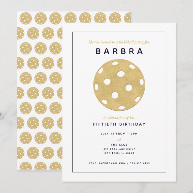 Convite de Festa Chic Pickleball Dourado Preto (Frente/Verso)
