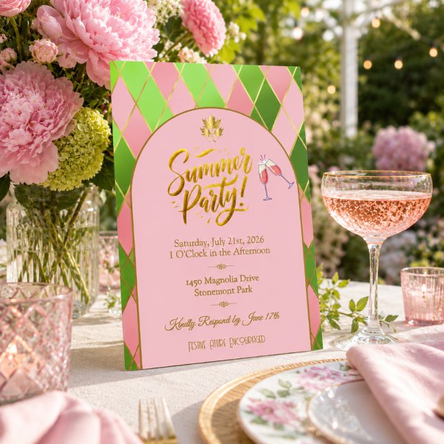 Convite de festa chic rosa verde para o verão (Chic 'Summer Party' Argyle Invitation )