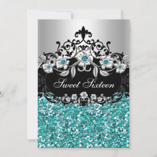 Convite de Festa com Brilho Floral Azul Turquesa p