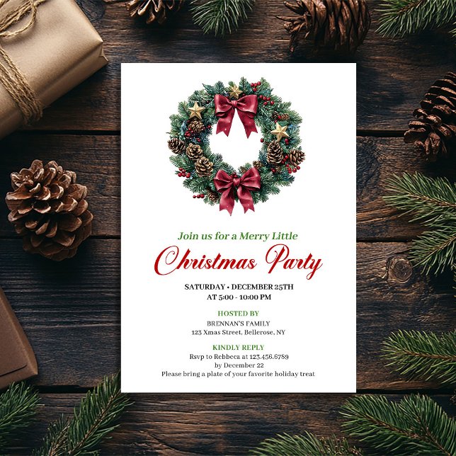 Convite de Festa com Coroa de Natal Minimalista (Minimalist Christmas Wreath Party Invitation)