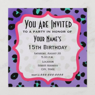 Convite de festa com estampa de leopardo roxo
