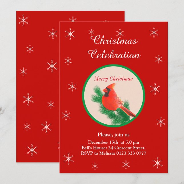 Convite de Festa com Pássaro Vermelho de Natal & F (Frente/Verso)