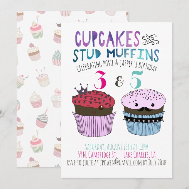 Convite de festa conjunta Cupcake & Stud Muffin (Frente/Verso)