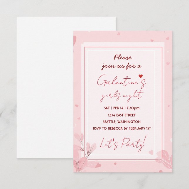 Convite de festa cor-de-rosa Galentine para noite  (Frente/Verso)