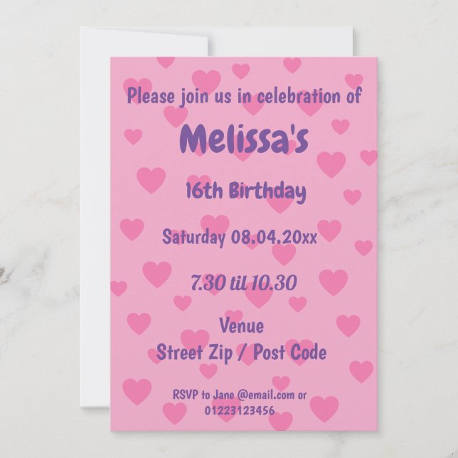Convite de Festa Corações Rosa Personalizado (Frente)