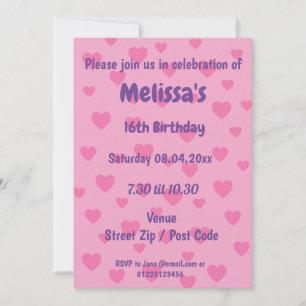 Convite de Festa Corações Rosa Personalizado