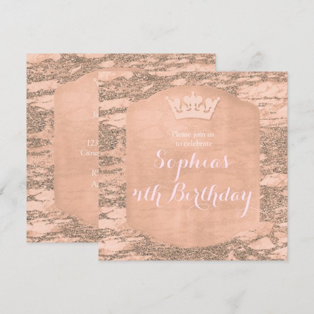 Convite de Festa Coroa de Princesa Rosa Dourado (Frente/Verso)