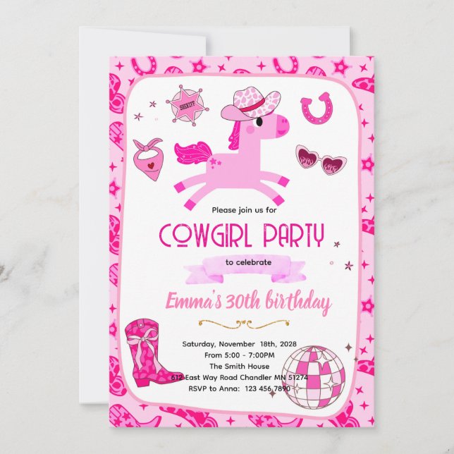 convite de festa cowgirl Pink Pony (Frente)