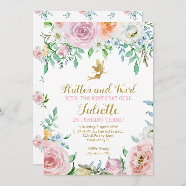 Convite de Festa da Fada Floral, Convite de Fada (Frente/Verso)