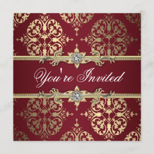 Convite de festa Damasko Vermelho Rubi Garnet Pret
