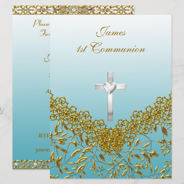 Convite de festa de 1ª Comunhão azul (Frente/Verso)