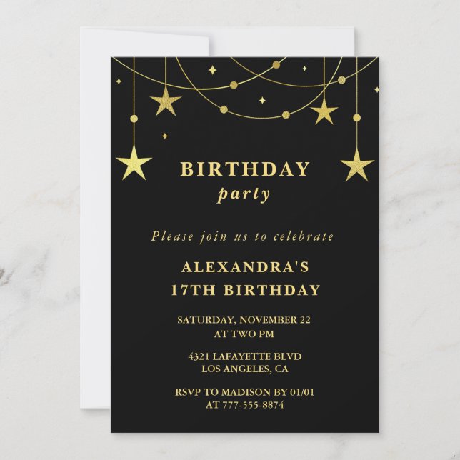 Convite de festa de 17 anos Chic estrelas douradas (Frente)
