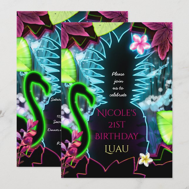 Convite de festa de abacaxi com luzes de néon elét (Frente/Verso)
