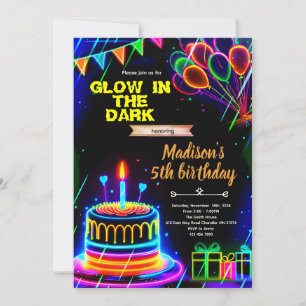 Convite de festa de aniversário com bolo de néon b
