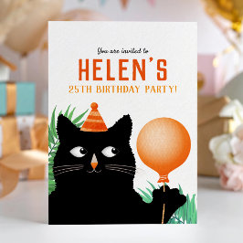 Convite de festa de aniversário com gato preto e b