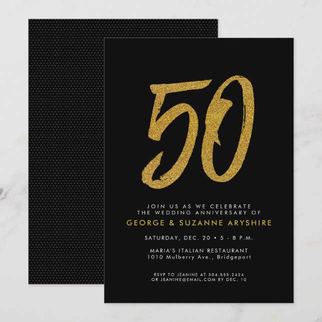Convite de festa de aniversário de 50 anos preto e (Frente/Verso)