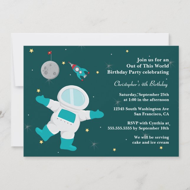 Convite de festa de aniversário de astronauta no e (Frente)