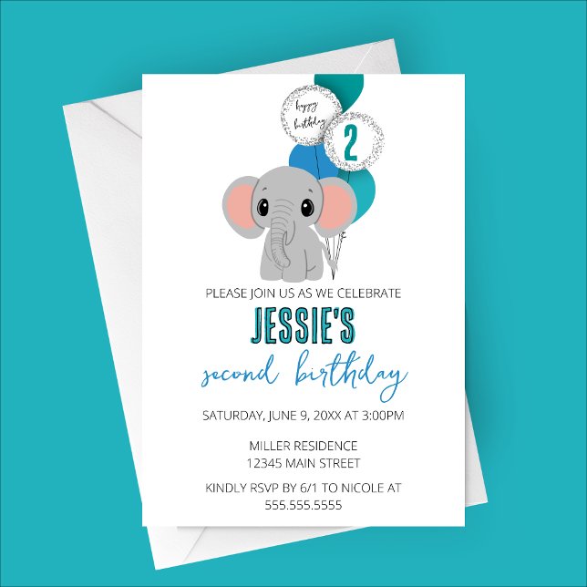 Convite de Festa de aniversário de Elefante Minima (Minimalist Blue Elephant Birthday Party Invitation)