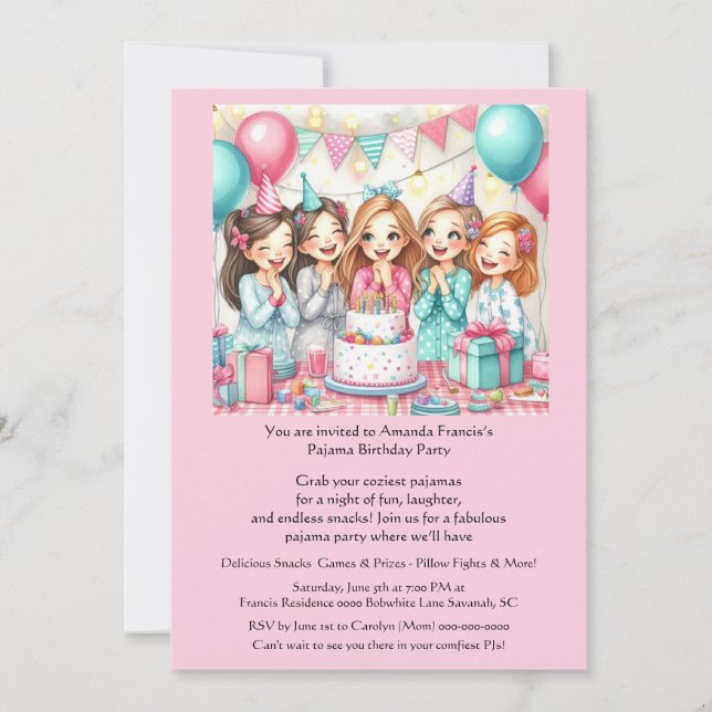 Convite de Festa de Aniversário de Meninas de Pija (Frente)