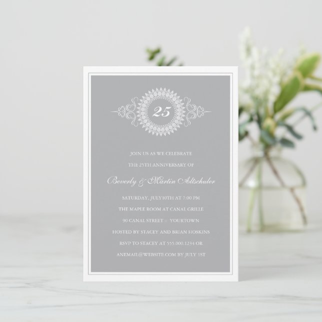 Convite de festa de aniversário de prata Medalhao (Em pé/Frente)