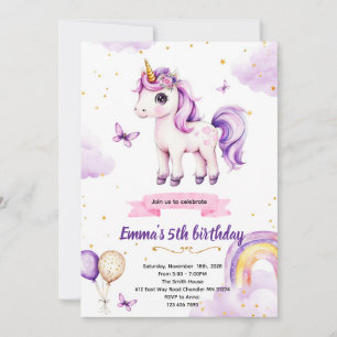 convite de festa de aniversário de unicórnio roxo
