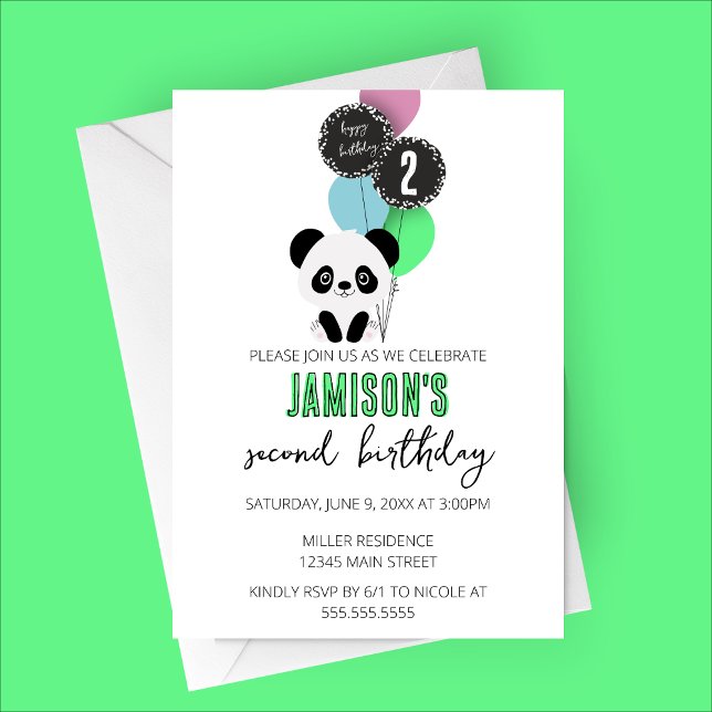 Convite de Festa de aniversário de Urso Panda Mini (Minimalist Panda Birthday Party Invitation with Multicolored Balloons)