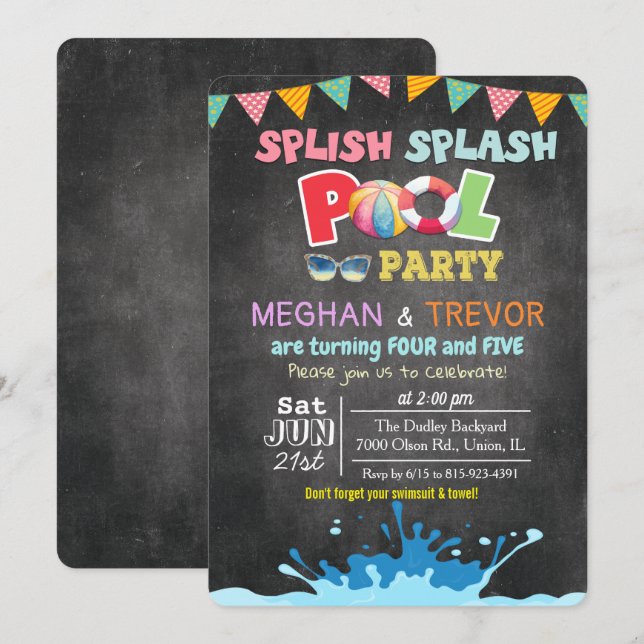 CONVITE DE FESTA DE ANIVERSÁRIO EM POOL DUPLA PARA (Frente/Verso)