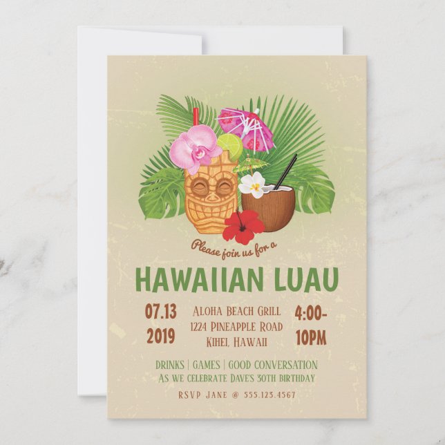 Convite de Festa de Aniversário Luau Havaiano Tiki (Frente)