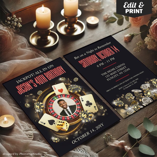 Convite de Festa de aniversário Personalizado para (Custom Photo Casino Birthday Party Invite, Casino Invitation with Photo)