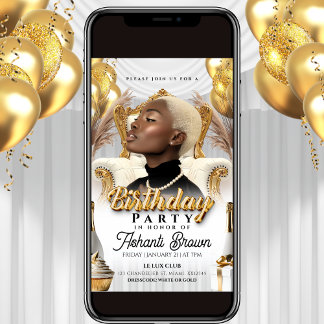 convite de festa de aniversário real em branco e d