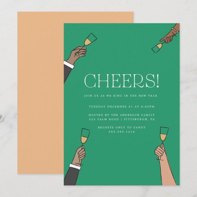 Convite de Festa de Ano Novo com Brinde de Champan (Frente/Verso)