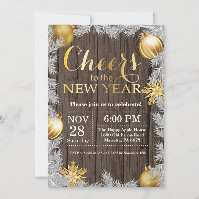 Convite de Festa de Ano Novo em Ouro Rústico (Frente)