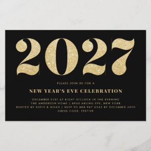 Convite de festa de Ano Novo glitter dourado preto