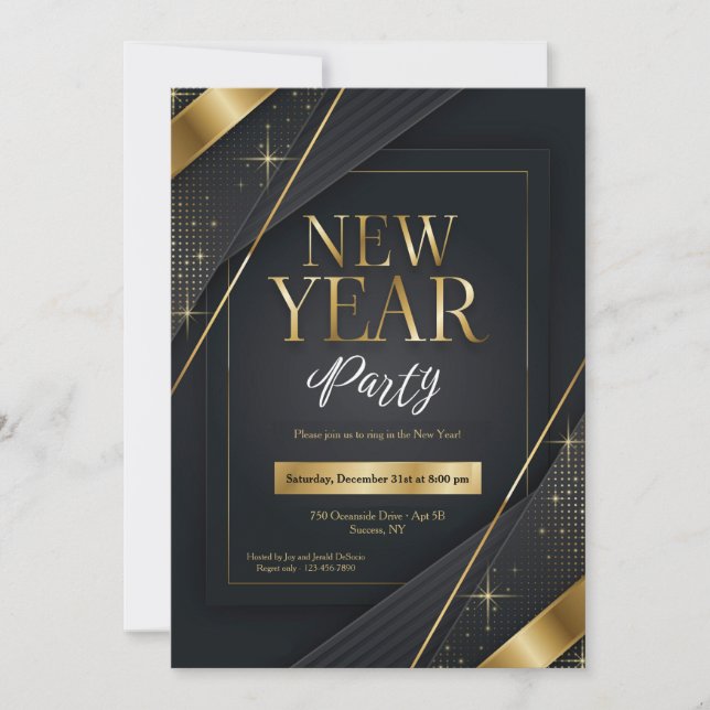 Convite de Festa de Ano Novo Preto e Dourado (Frente)