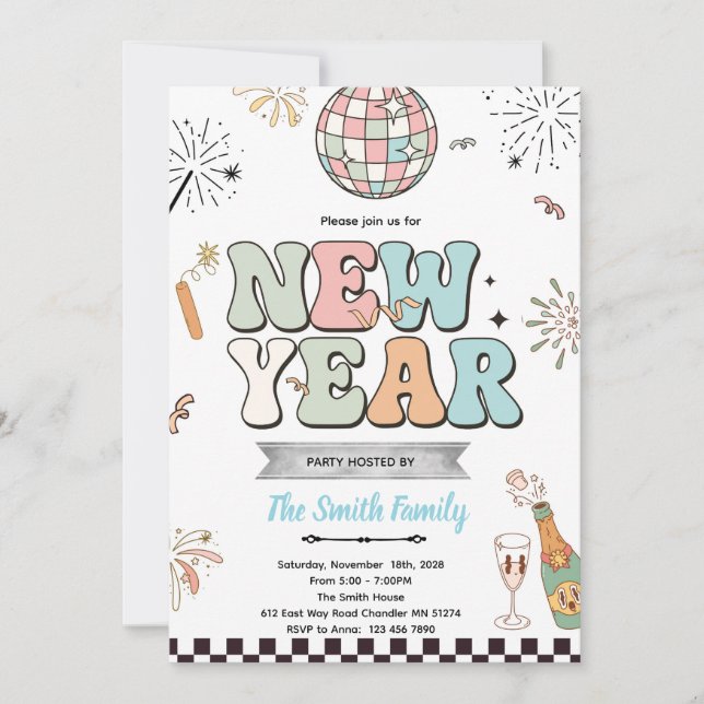 convite de festa de ano novo retrô (Frente)