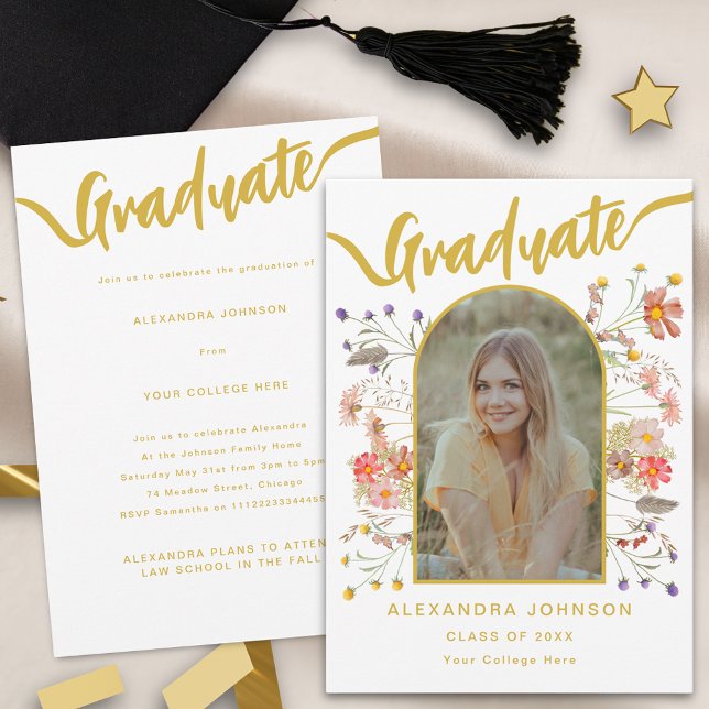 Convite de Festa de Anúncio de Graduação Floral de (Boho chic wildflower watercolor floral arch photo graduation announcement party invite)