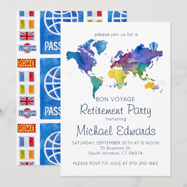 Convite de Festa de Aposentadoria Bon Voyage (Frente/Verso)