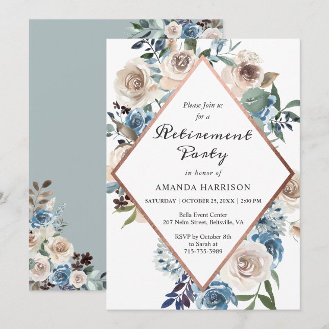 Convite de festa de aposentadoria floral azul poei (Frente/Verso)