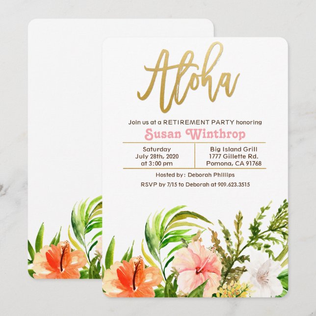 Convite de Festa de Aposentadoria Tropical Aloha (Frente/Verso)