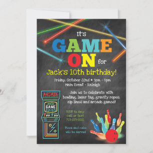 Convite de festa de arcade de boliche Game On em q
