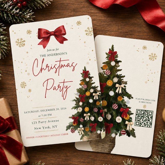 Convite de Festa de Árvore de Natal em Aquarela co (Red Ribbon Watercolor Christmas Tree Party Invite)