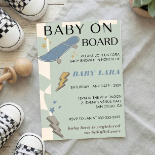 Convite de festa de Baby Shower de skate com bebê 