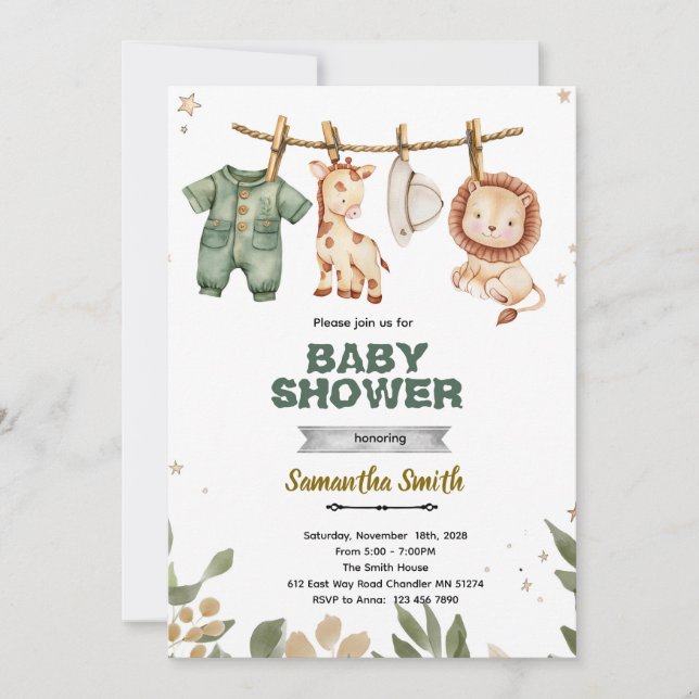 convite de festa de baby shower safari (Frente)