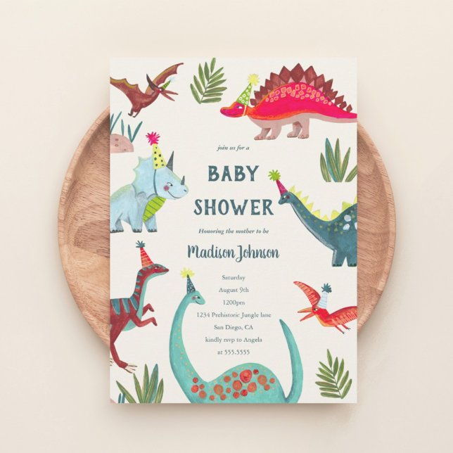 Convite de festa de babyshower menino dinossauro a (Dinosaur blue baby shower party invitation)